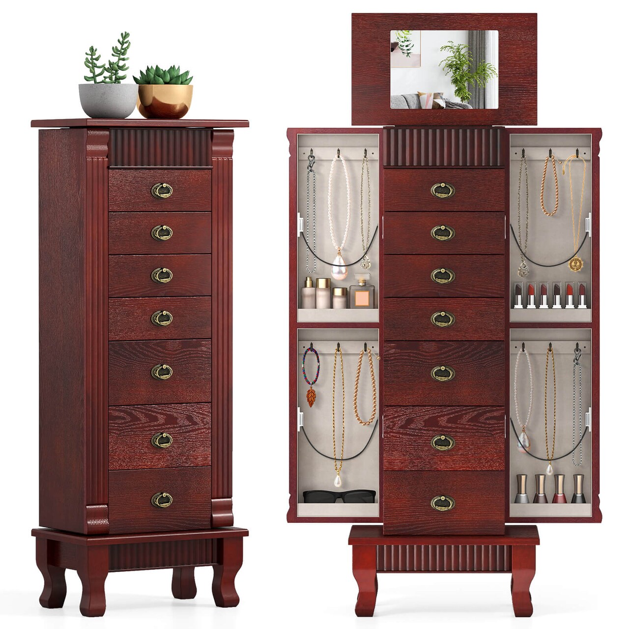 Costway Jewelry Cabinet Armoire Box Storage Chest Stand Organizer Wood Christmas Gift Black/White/Gray/Brown
